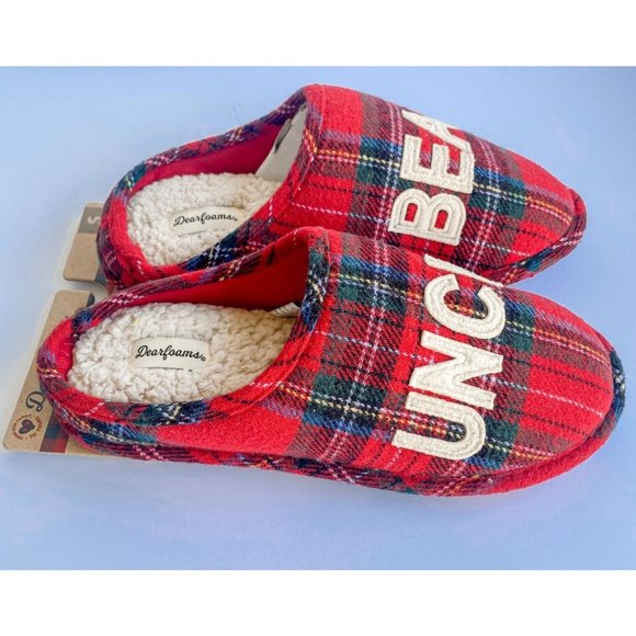 Dearfoams Men's Uncle Bear Clog Slippers In Red Plaid Size S (7-8) - Picture 2 of 5